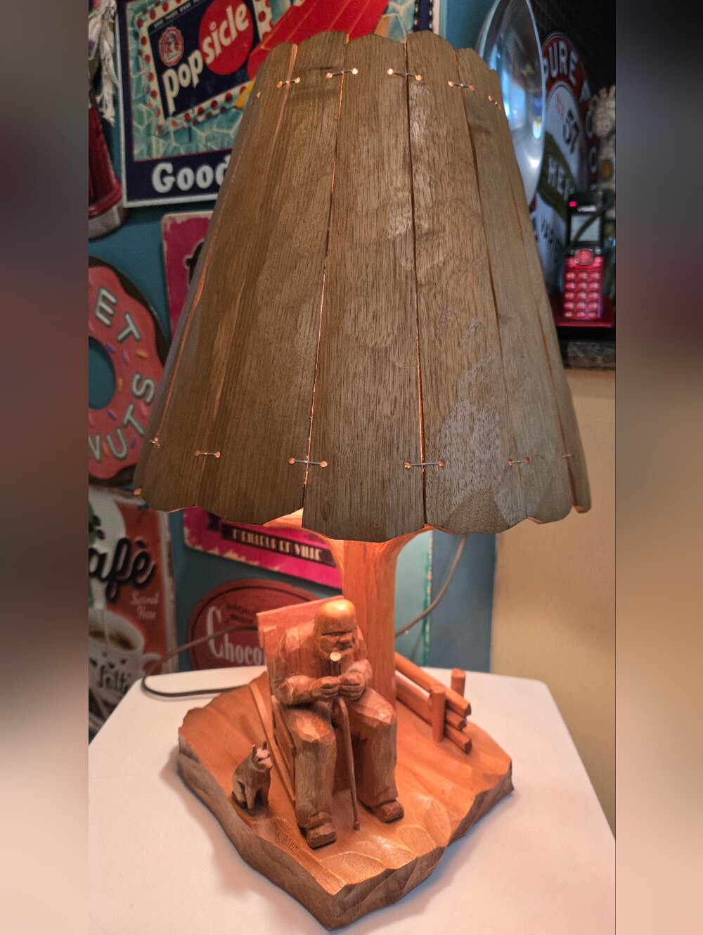 Vintage Canadian Folk Art Wood Lamp Old Man Rocking Chair Dog signed Arpin